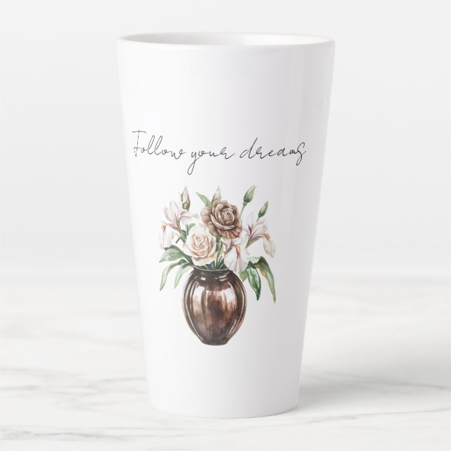 Tasse Latte Chocolate Brown Ivory Cream Flowers (Devant)
