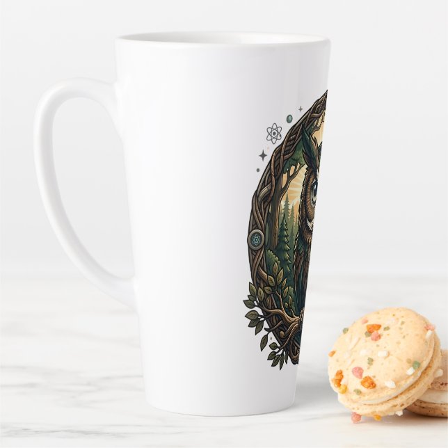 Tasse Latte Chouette cybernétique Nature vs Technologie Steamp (En situation)