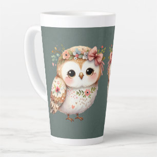 Tasse Latte Chouette florale mignonne avec un nœud
