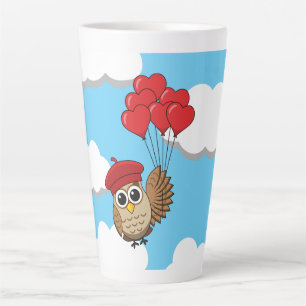 Tasse Latte Chouette mignonne volant avec des ballons de coeur