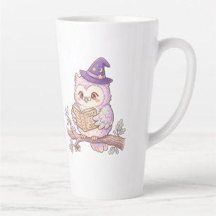 Tasse Latte Chouette Sorcière Mignonne Lisant un Livre de Sort