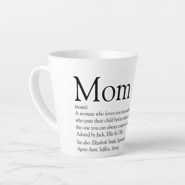 Tasse Latte Citation de définition de maman en noir et blanc (Angle gauche)