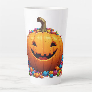 Tasse Latte Citrouille heureuse entourée de bonbons pour la fê