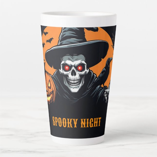 Tasse Latte Citrouille lumineuse Jack O Lantern avec squelette (Devant)