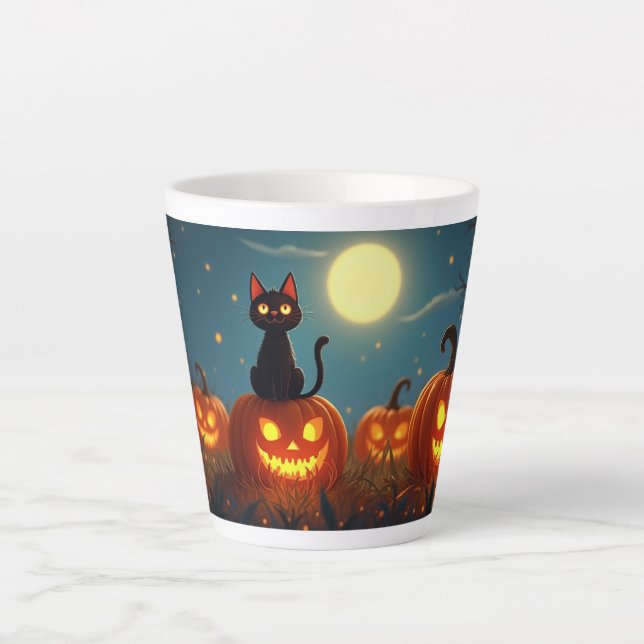 Tasse Latte Citrouille patch de chat noir (Devant)
