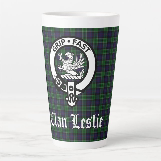 Tasse Latte Clan Leslie Crest Badge et Tartan (Devant)