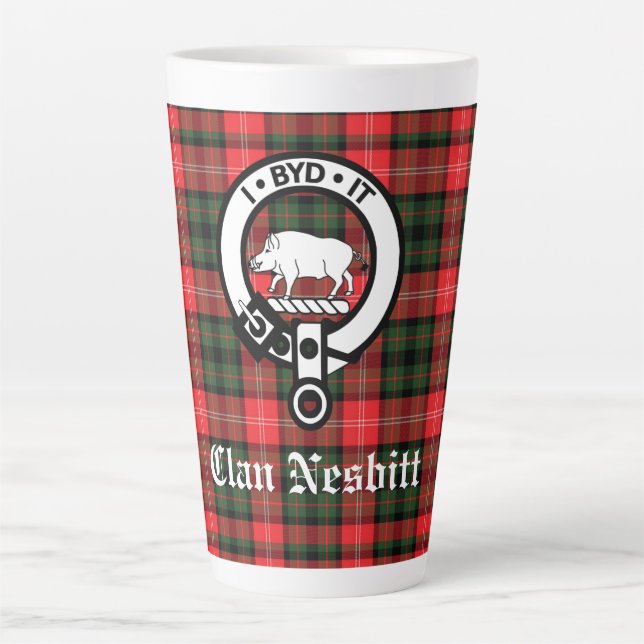 Tasse Latte Clan Nesbitt Crest Badge & Tartan Personnalisé (Devant)