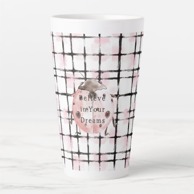 Tasse Latte Coccinelle rayée rose et noir (Devant)