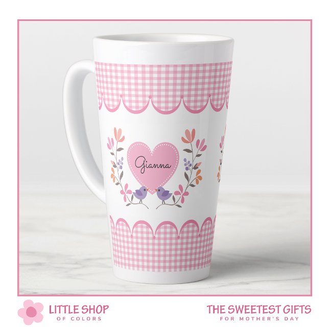 Tasse Latte Coeur floral rose Personnalisé Fête des Mères (Créateur téléchargé)