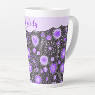Tasse Latte Coeur gris violet blanc et nom floral