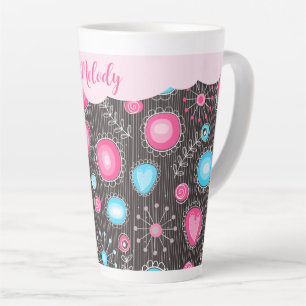 Tasse Latte Coeurs bleu rose blanc et nom floral des fleurs