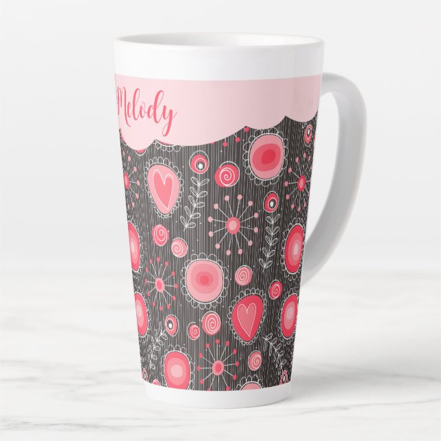 Tasse Latte Coeurs gris-blanc et fleurs nom floral (Angle droit)