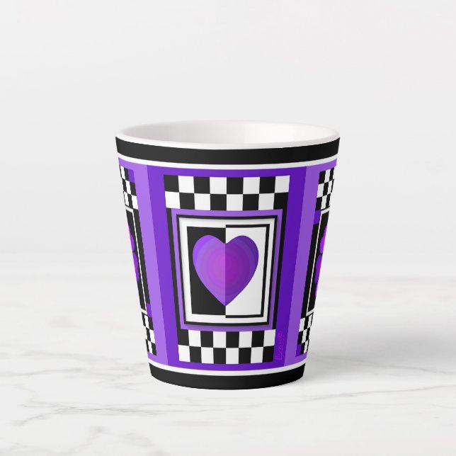 Tasse Latte Cœurs violets B&W qui battent (Devant)