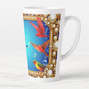 Tasse Latte Colibris vibrants dans un cadre orné de perles