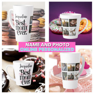 Tasse Latte Collage de photos de maman Fleurs roses Meilleure