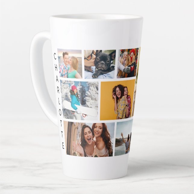 Tasse Latte Collage Multi Photo Nom Personnalisé Moderne (Angle gauche)