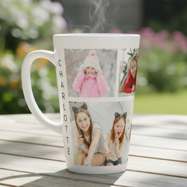 Tasse Latte Collage Multi Photo Nom Personnalisé Moderne (Créateur téléchargé)