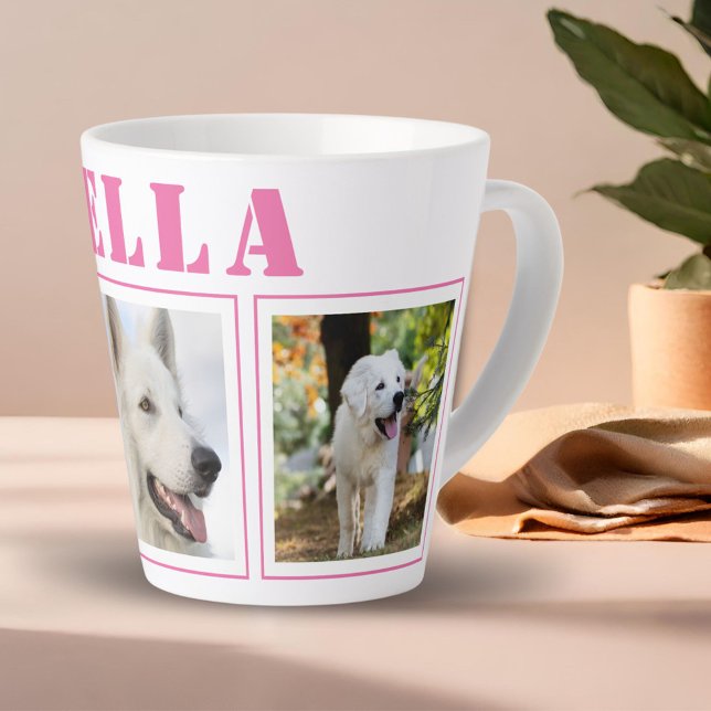 Tasse Latte Collage photo Chien Rose 3 avec nom  (Créateur téléchargé)