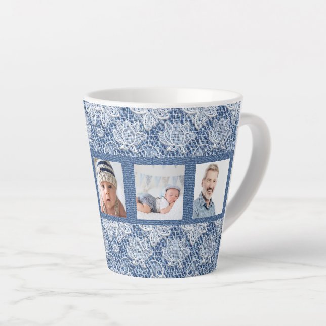 Tasse Latte Collage photo de famille dentelle bleu denim (Angle droit)