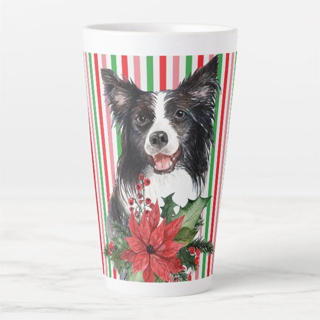 Tasse Latte Collie Bordure Aquarelle Avec Poinsettia (Devant)