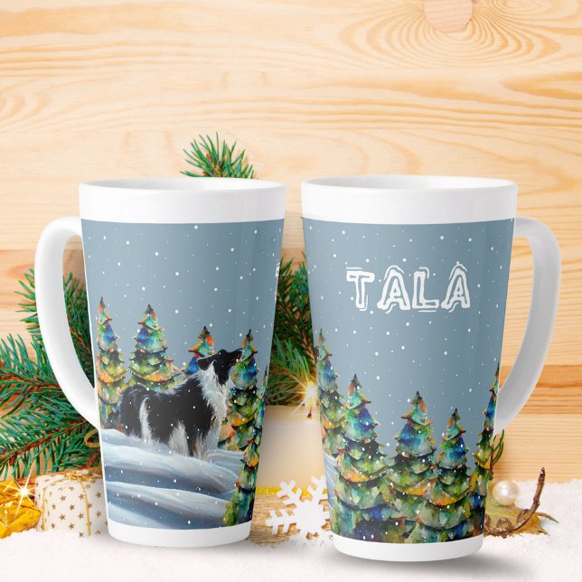 Tasse Latte Collie frontalier en hiver Forêt de neige Arbre de (Créateur téléchargé)