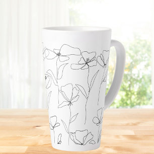 Tasse Latte Coquelicot Fleur Sauvage Floral Minimaliste Noir e