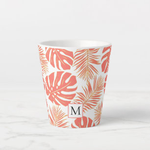 Tasse Latte Corail vivant tropical, feuilles d'or et monogramm