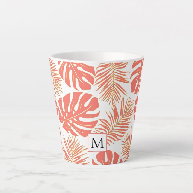 Tasse Latte Corail vivant tropical, feuilles d'or et monogramm (Devant)