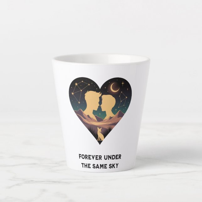 Tasse Latte Cosmic Love Story Coeur avec les amants et Fox Art (Devant)