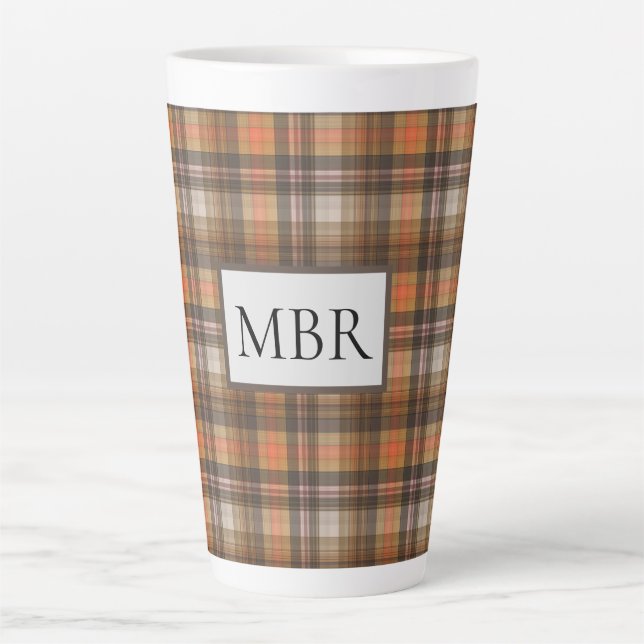 Tasse Latte Couleurs d'automne Plaid Ajouter un monogramme (Devant)