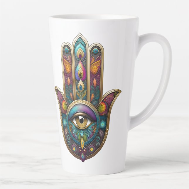 Tasse Latte Couleurs de paon Hamsa avec troisième œil en or (Droite)