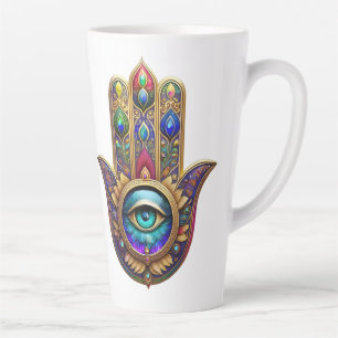 Tasse Latte Couleurs Paon Doré Hamsa Saphir Vert Troisième Œil