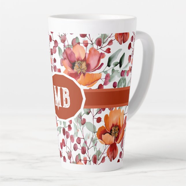 Tasse Latte Couleurs terreuses, fleurs d'automne Monogrammées (Angle droit)