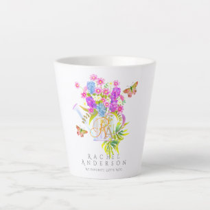 Tasse Latte Country Floral Waters Can Monogramme Blanc