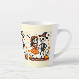 Tasse Latte Couple de squelettes d'Halloween mignon en orange