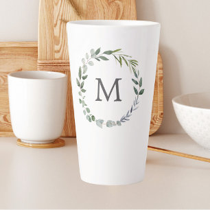 Tasse Latte Couronne de feuilles vert sauge à aquarelle monogr