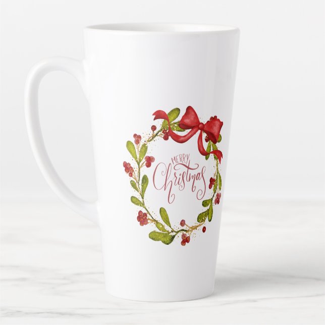 Tasse Latte Couronne de gui à l'aquarelle avec noeud (Gauche)