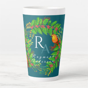 Tasse Latte Couronne de Noël Monogramme Bleu Océan