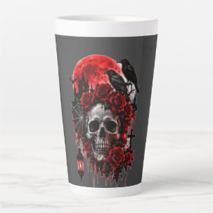 Tasse Latte Crâne de corbeau gothique sombre avec roses cramoi