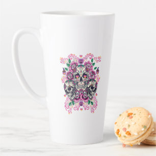 Tasse Latte Crâne floral, squelette aquarelle rose, Halloween