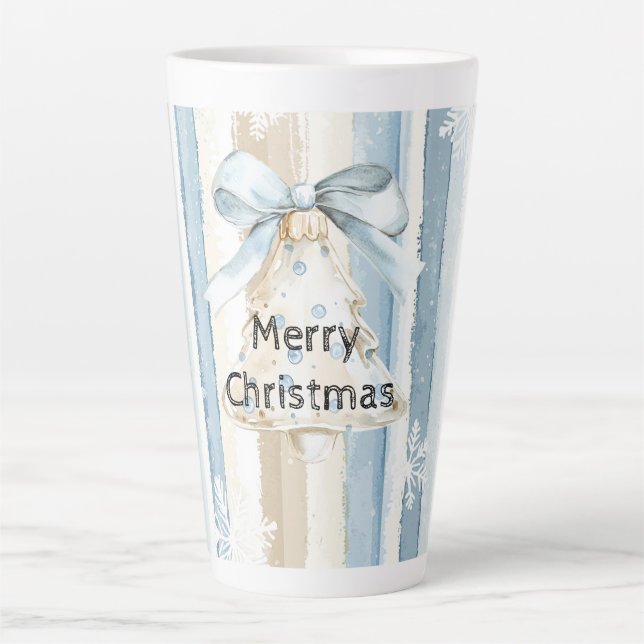 Tasse Latte Crème bleue Stripes de Noël Snowflakes Ornement (Devant)