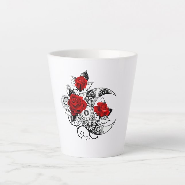 Tasse Latte Croissant mécanique avec roses rouges (Devant)
