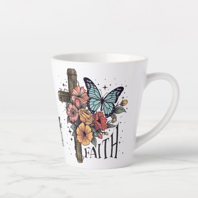 Tasse Latte Croix de la Foi Florale (Droite)