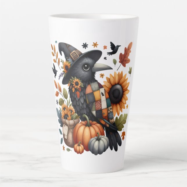 Tasse Latte Crow Whimsical avec Citrouilles et tournesols (Devant)