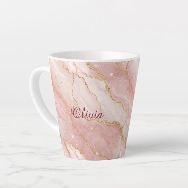 Tasse Latte Custom Modern Rose Quartz Marble Gold Glitter (Angle gauche)