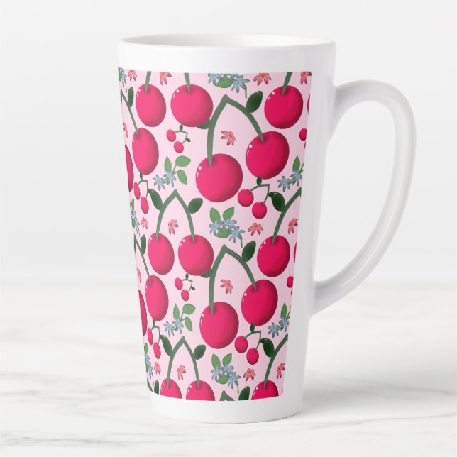 Tasse Latte Cute Cherry  Pattern, Glossy Kawaii Fruit (Droite)