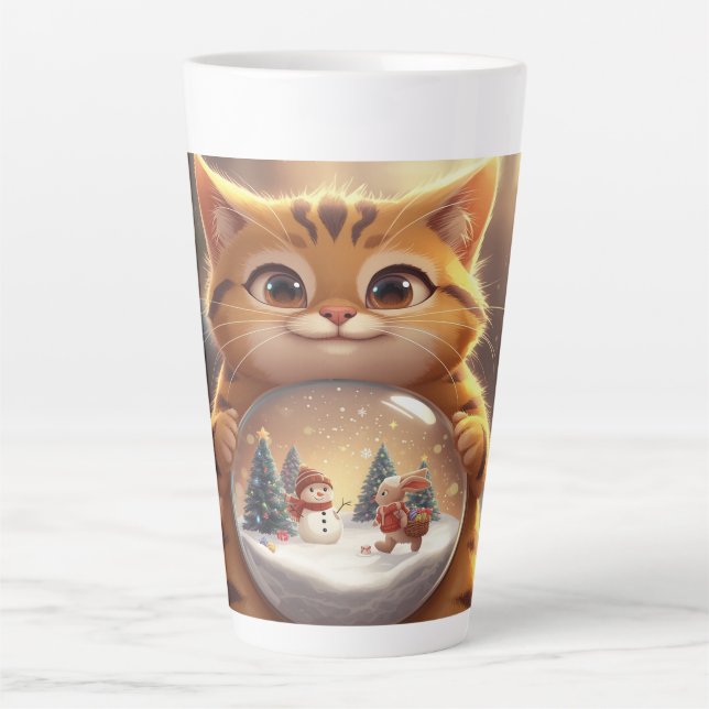 Tasse Latte Cute Christmas Cat Holding Snow Globe Art (Devant)