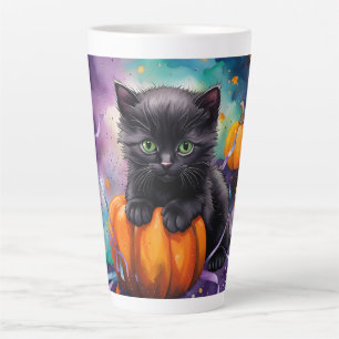 Tasse Latte Cute Kitten Noir Citrouilles N Ribbons Halloween