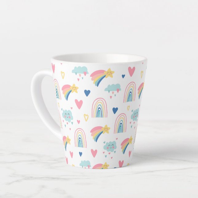 Tasse Latte Cute Rainbow Hearts & Clouds Motif (Angle gauche)