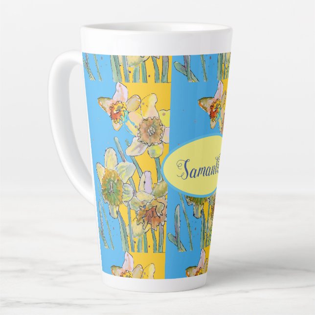 Tasse Latte Daffodil Peinture Aquarelle Jaune Bleu floral (Angle gauche)
